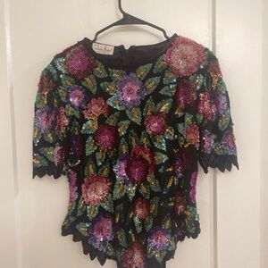 Vintage Laurence Kazar Multicolor Sequin Floral Blouse Whimseygoth Retro 80s